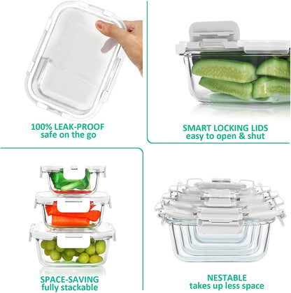 KOMUEE 24 Pieces Glass Food Storage Containers Set, Meal Prep Containers-Stackable Airtight Glass Storage Containers with lids,Freezer, Microwave, Oven Safe,Green