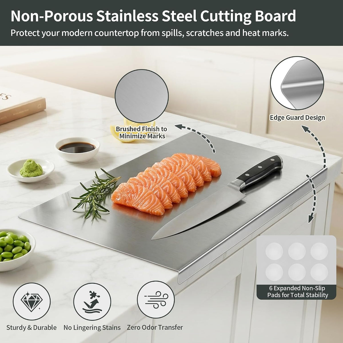 Stainless Steel Cutting Board Set for Kitchen, 2 Pack Metal Cutting Board with Counter Lip Dishwasher Safe Chopping Board for Meat, Vegetables, Fruits, Bread, Kneading (40 x 30cm/ 16 x 12 in)