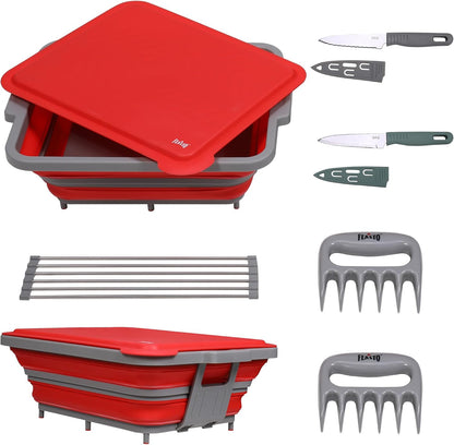 Feasto Collapsible BBQ Prep Tubs with Cutting Board, 9-IN-1, 2 Tubs Portable Grill Prep Station with Side Brackets, Lids, Knives, Meat Claws and Drain Rack, Space-Saving for Kitchen & Camping, Black