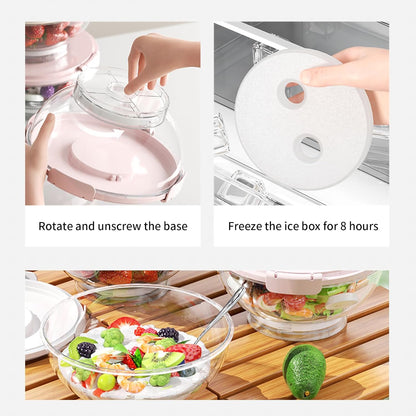 MANO 2pack Large Iced Salad Bowl with Lid and Utensils to Go Ice Chilled Food Serving Containers with Handles for Fruit Veggie Storage for Fridge Refrigerator Party Camping, Picnic, Beige