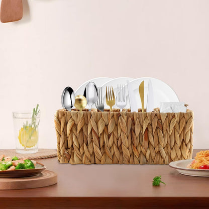 Silverware Organizer,Hand-Woven Wicker Kitchen Utensil Caddy with Handle,Cutlery Holder for Party Camping,Flatware Spoon Condiment Basket,Water Hyacinth Utensil Holder for Kitchen Counter
