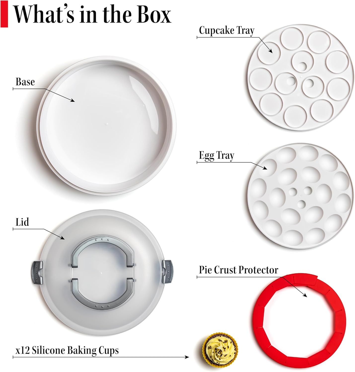 Premium 4 in 1 Cupcake Carrier with Lid - Cupcake, Deviled Egg, Pie & Cake Container - Includes Pie Crust Shield & 12 Silicone Baking Cups
