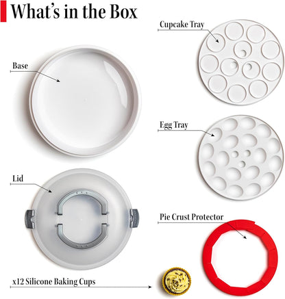 Premium 4 in 1 Cupcake Carrier with Lid - Cupcake, Deviled Egg, Pie & Cake Container - Includes Pie Crust Shield & 12 Silicone Baking Cups