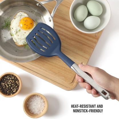 Calphalon Slotted Turner, Kitchen Flipping Spatula, Slotted Spatula, Stainless Steel Turner with Silicone Heat Resistance Handle, Nonstick-Safe Spatula for Draining and Flipping (Navy)