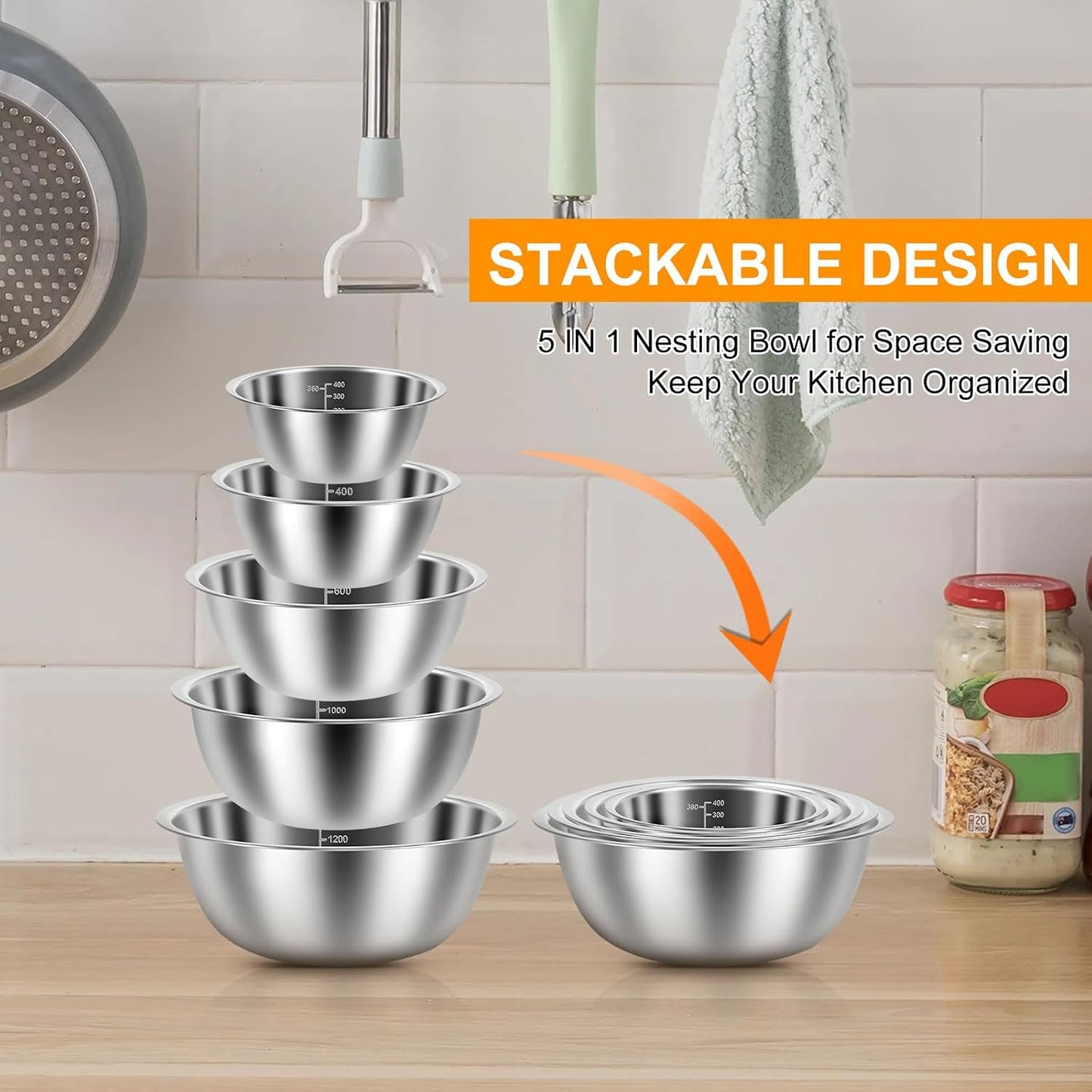 10 Pack Stainless Steel Bowls, Nesting Mixing Bowl Set with Scale Marks, 5 Different Size (4.5, 3,2,1.5,0.7QT) Baking Metal Mixing Bowls for Kitchen Food Prep Storage And Serving, Cooking, Baking (10)