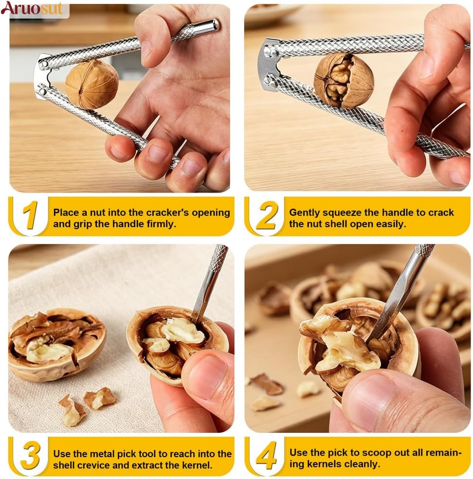 Nut Cracker 2Pcs and 4 Picks Set, Stainless Steel Nutcracker Tool for Walnut and Seafood Crackers