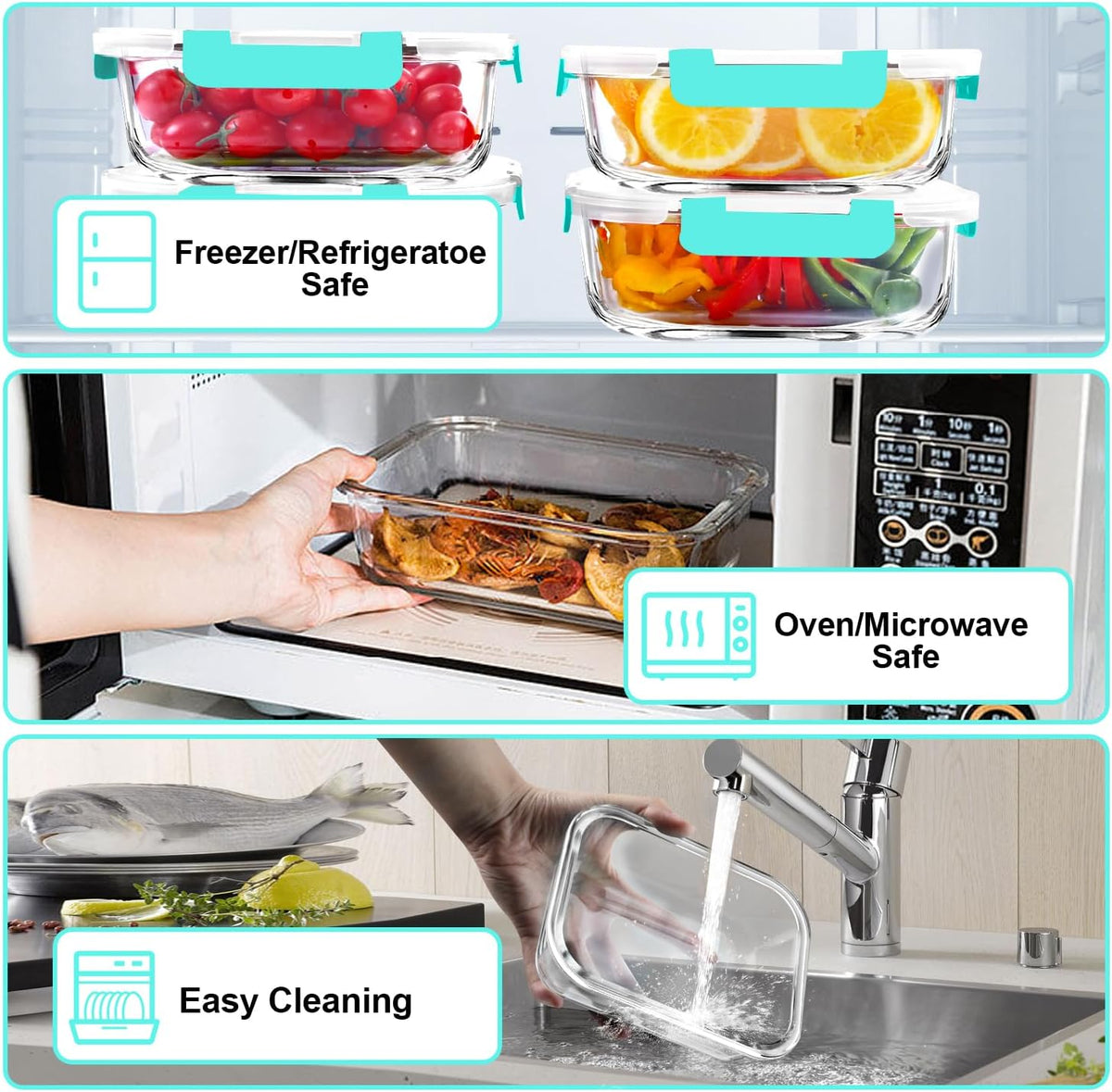 VERONES 5 Pack 36 OZ Glass Meal Prep Containers, Airtight Glass Lunch Containers Set, Glass Food Storage Containers with Lids,Exclusive of BPA, for Microwave, Oven, Freezer & Dishwasher Friendly,Grey