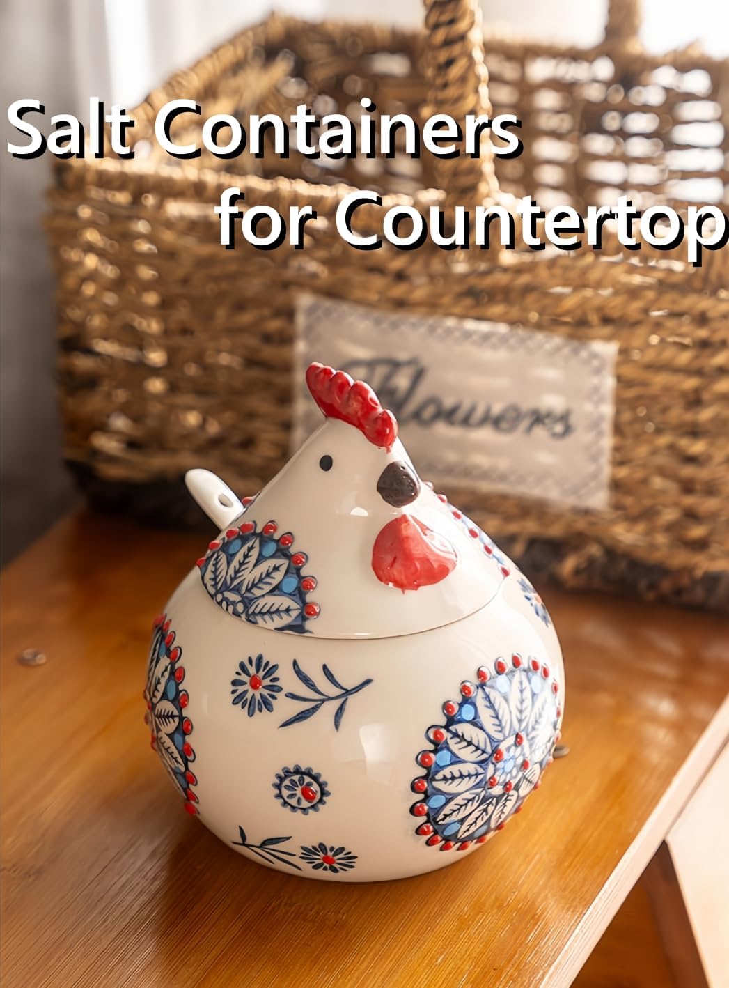 Ceramic Chicken Salt Cellar with Lid and Spoon, 13 OZ Chicken Decor, Blue