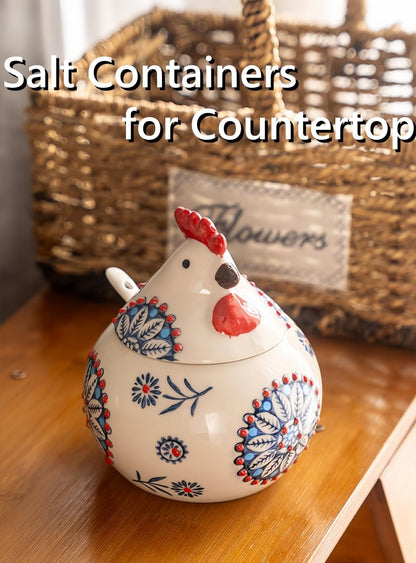 Ceramic Chicken Salt Cellar with Lid and Spoon, 13 OZ Chicken Decor, Blue