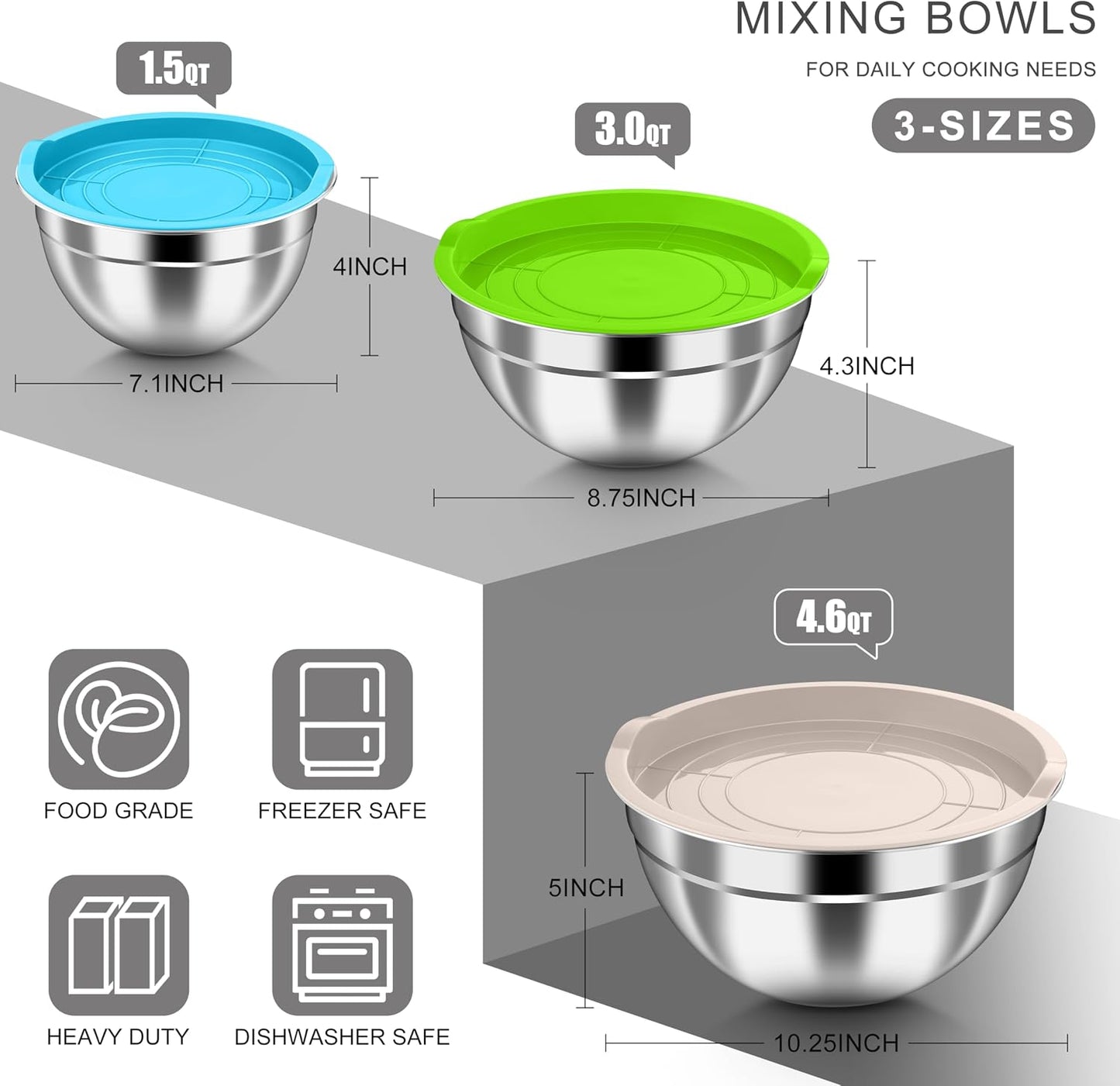 HaWare Mixing Bowls with Airtight Clear Lids, 6-Piece Stainless Steel Strong Nesting Bowls Set, Metal Salad Bowl for Cooking, Prepping, Baking, Serving & Food Storage, Size 4.6, 3, 1.5QT, Khaki