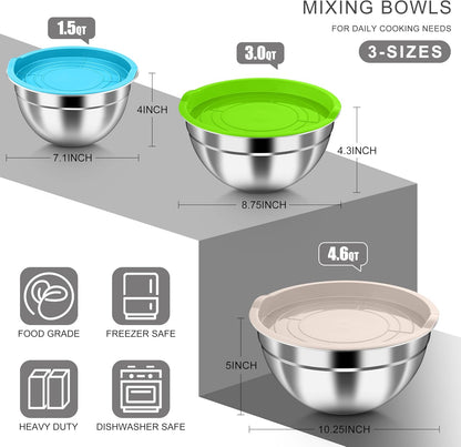 HaWare Mixing Bowls with Airtight Clear Lids, 6-Piece Stainless Steel Strong Nesting Bowls Set, Metal Salad Bowl for Cooking, Prepping, Baking, Serving & Food Storage, Size 4.6, 3, 1.5QT, Khaki