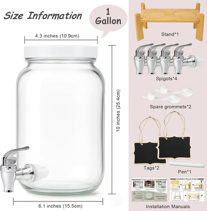 1 Gallon Large Glass Drink Dispensers with Stand for Parties, Glass Iced Beverage Dispensers with Spigot, Reusable Water Dispenser Countertop (2 Pack)