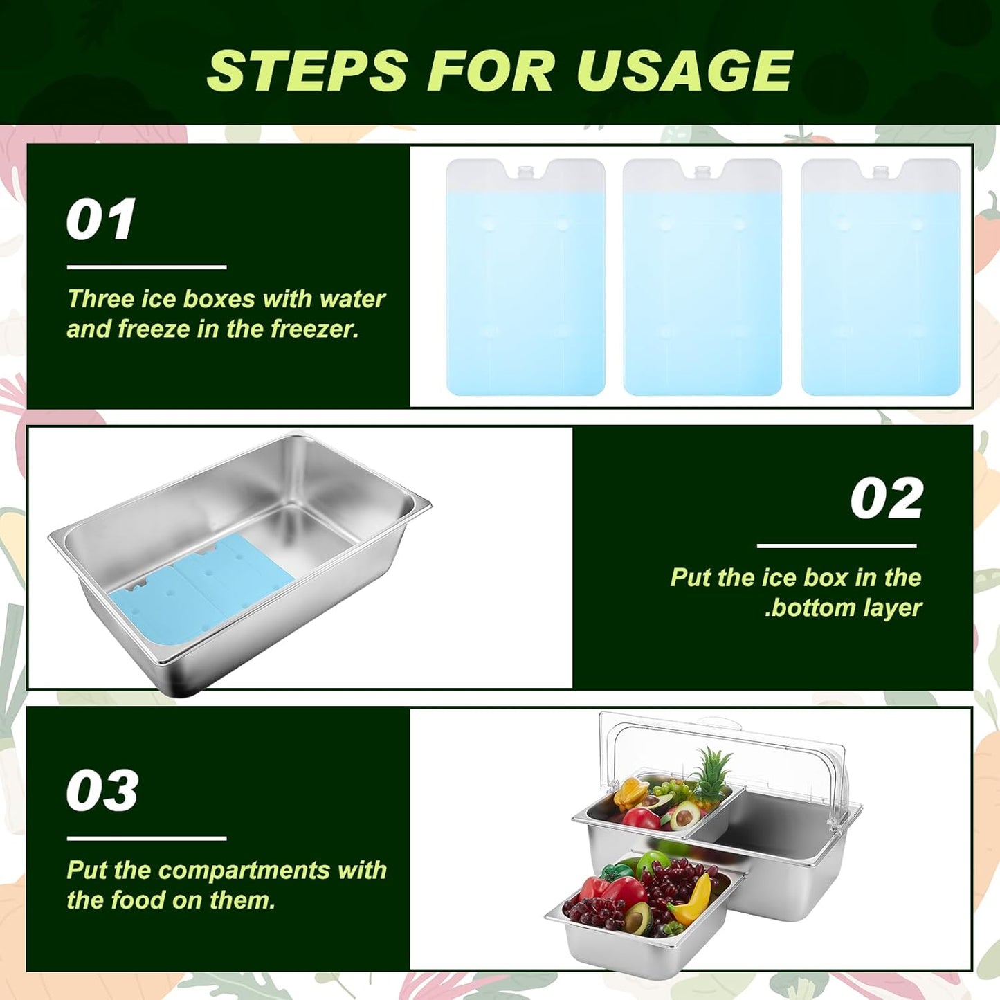 Condiment Tray Stainless Steel Serving Display Set with Lid for Buffet Restaurant Kitchen, Food Chilled Container for Salad Fruit Condiments, Keeps Food Fresh with Ice Box(6 Compartments)