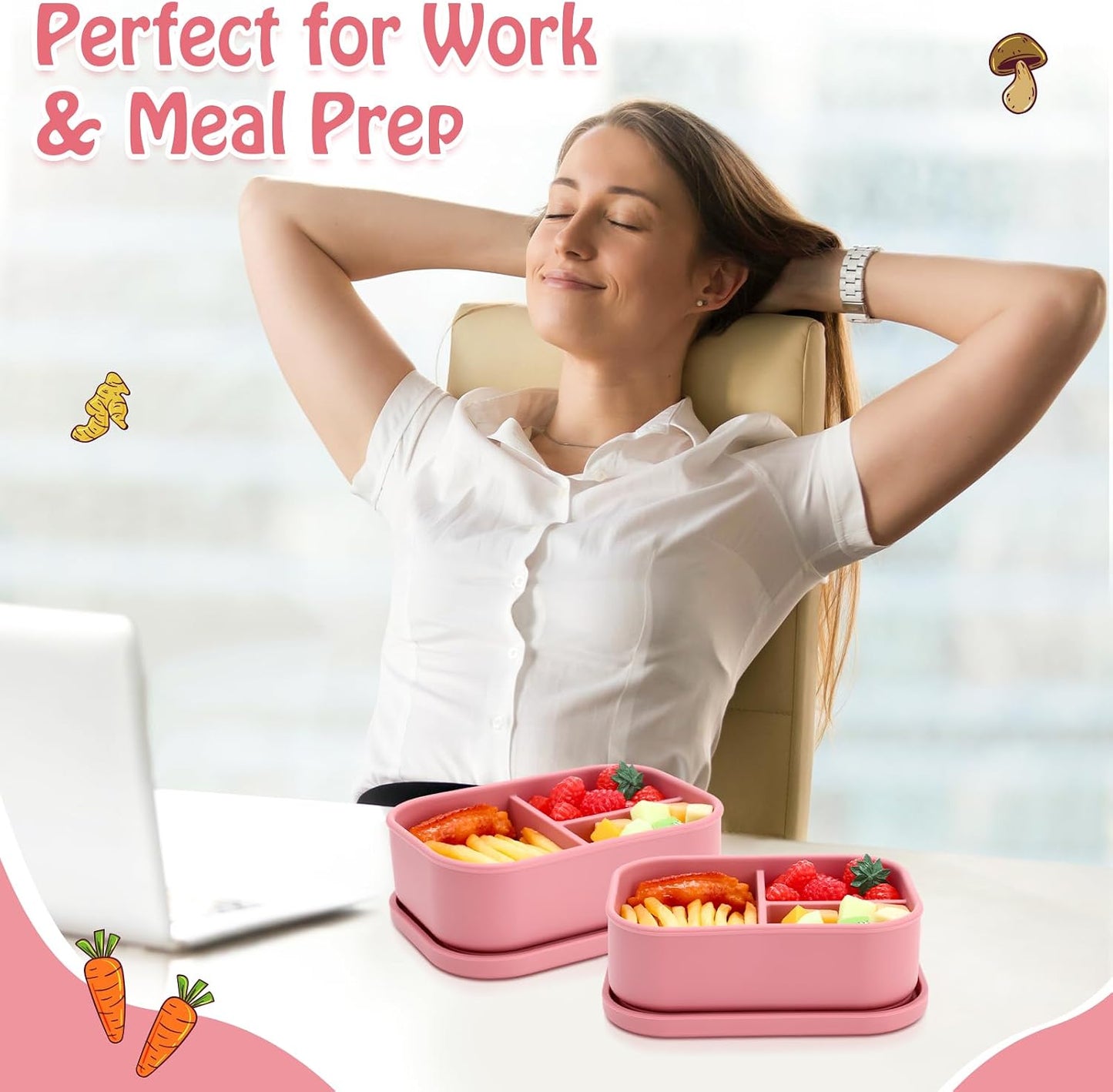 Honeydak 6 Pcs Silicone Bento Box Reusable Silicone Bento Lunch Container for Adults Microwave Dishwasher Freezer Safe 3 Compartment (Light Colors)
