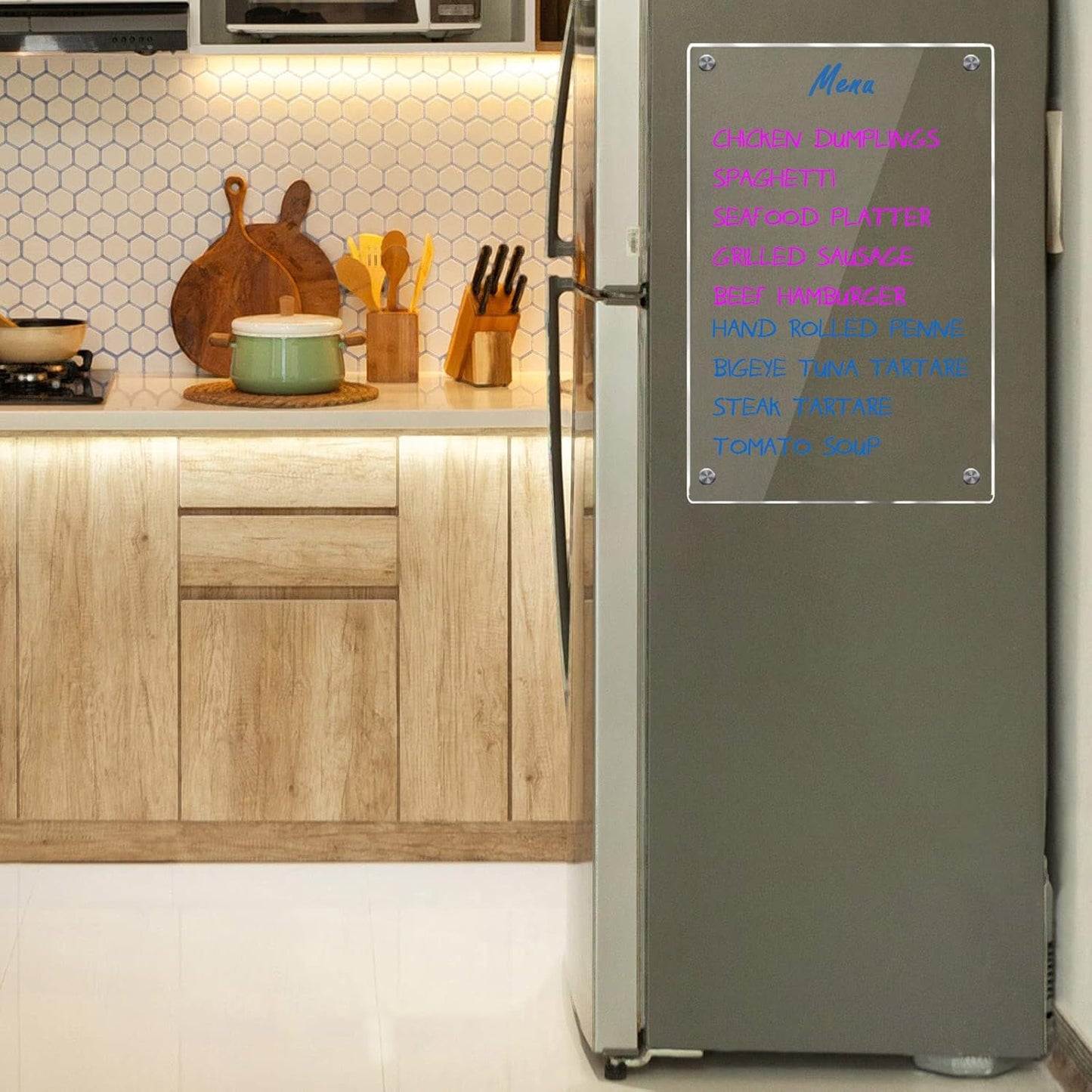 JonXon 8"X12" Acrylic Magnetic Menu Board for Kitchen,Acrylic Weekly Calendar for Fridge,Clear Meal Planner for Refrigerator,Magnet Fridge Menu Planner with 6 Magnetic Erasable Markers