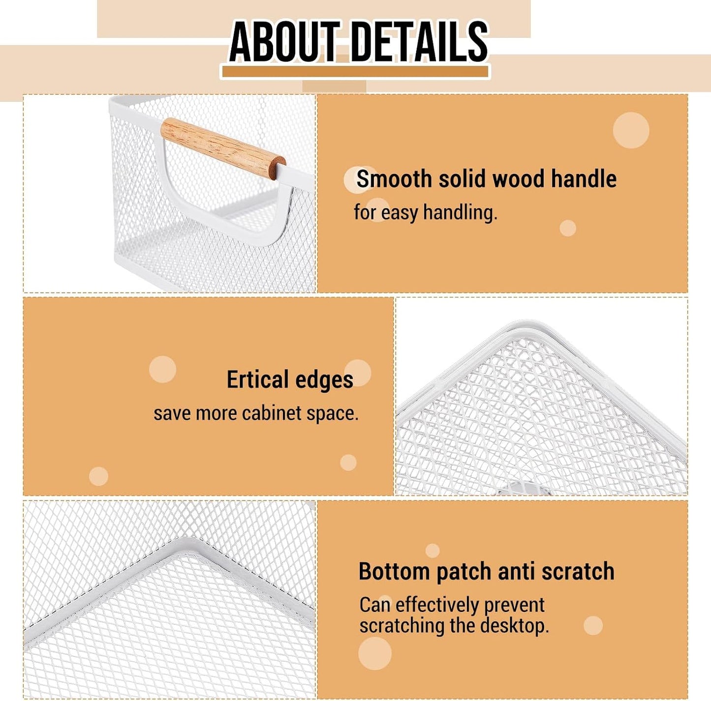 Rtteri 4 Pack White Metal Wire Basket with Wood Handle 2 Size Large Metal Mesh Basket Stackable Wire Storage Bin for Pantry Food Snacks Storage Kitchen Organizing
