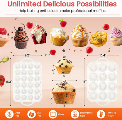 Silicone Muffin Pans With Metal Reinforced Frame - 24 Cups Durable Silicone Baking Pan for Muffins, Cupcakes, BPA Free and Dishwasher Safe - Beige with Rainbow Spots, Set of 2
