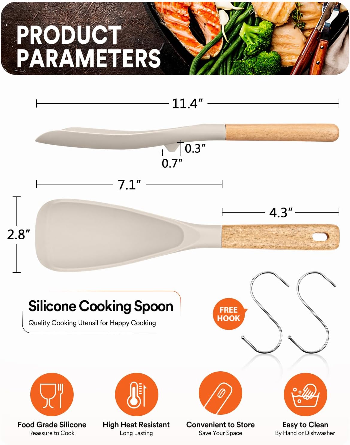 Cooking Spoon for Nonstick Cookwares, Great for Cooking and Serving Sturdy BPA-Free Matte Silicone, Wood Handle Spoon for Mixing, Scoop, and Scrape (Black & Grey, 11.4 inch)