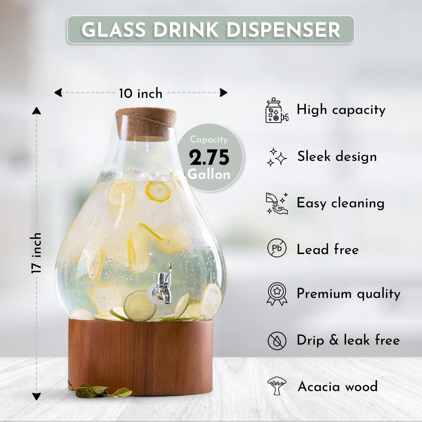 3 Gallon Glass Drink Dispenser with Metal Stand & Lid – Hammered Beverage Dispenser with Leakproof Spigot, Wide Mouth for Easy Fill – Ideal for Parties, Lemonade, Iced Tea, Sangria & More