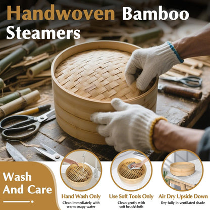 Bamboo Steamer 2 Tier 10-Inch Steaming Basket, Bun Vegetable Steam, Dumpling Steamer Bamboo Steam Basket, Chopsticks, Reusable Silicone Liner, Ring Adapter, for Chinese Asian Cuisine