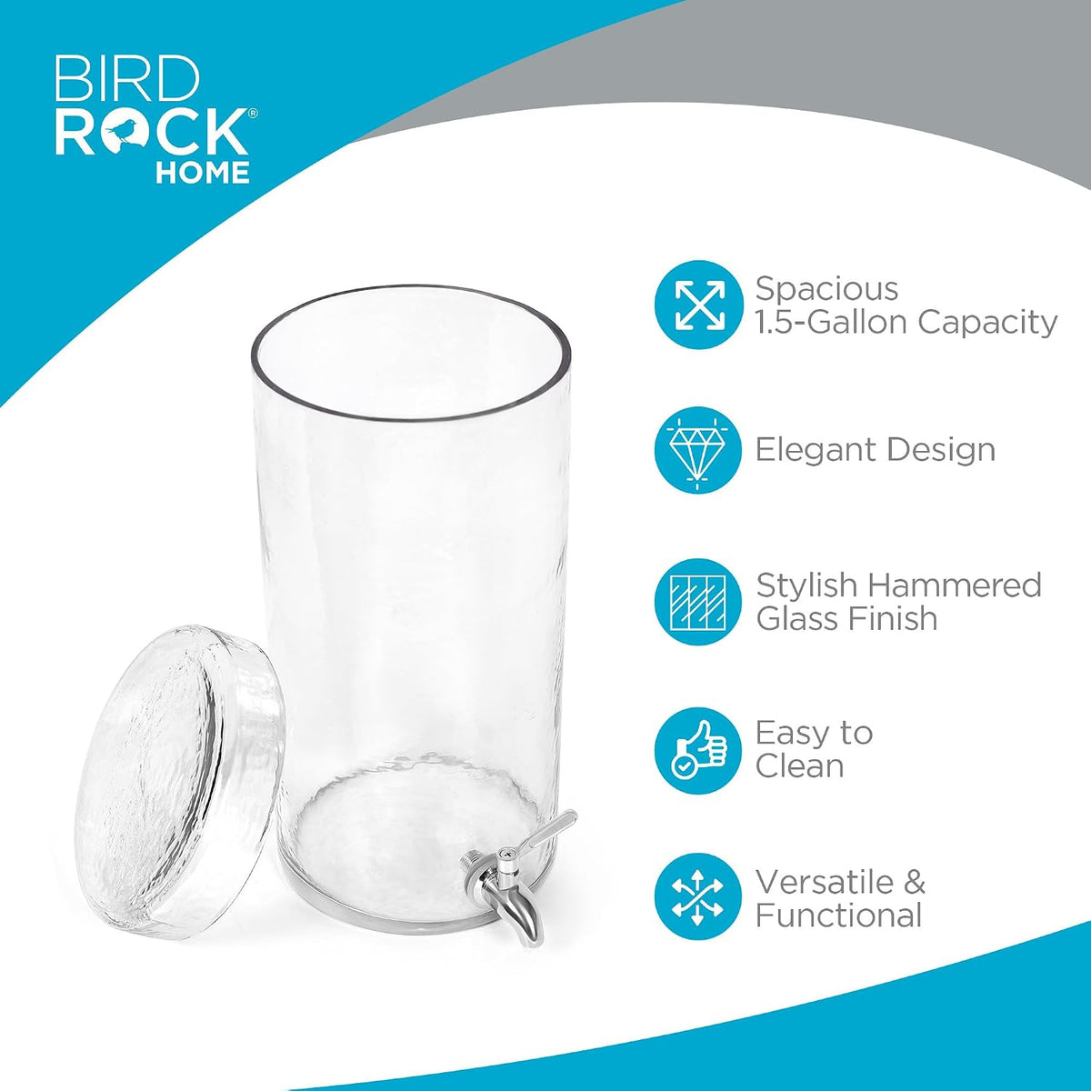 BIRDROCK HOME Beverage Dispenser with Stand & Stainless Steel Spigot - Hammered Glass Drink Dispenser for Parties Home & Events - Ideal for Serving Tea, Lemonade, Juice, Sangria, Cocktail - 1.5 Gallon