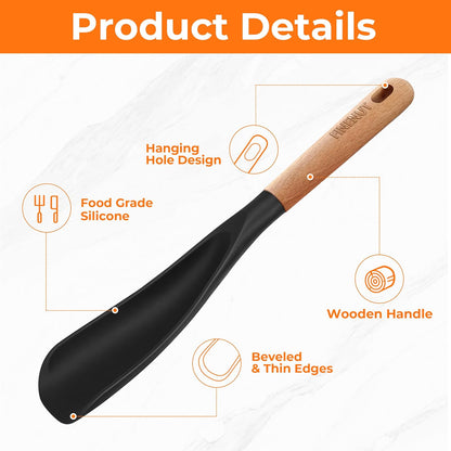 Cooking Spoon Multifunction Spoonula Silicone Spatula Spoon 2-Pack, Dual-Use Heat Resistant 446°F, BPA-Free Non-Toxic Wooden Handle Rice Spoon Set for Non-Stick Cookware & Rice Cookers (Black)