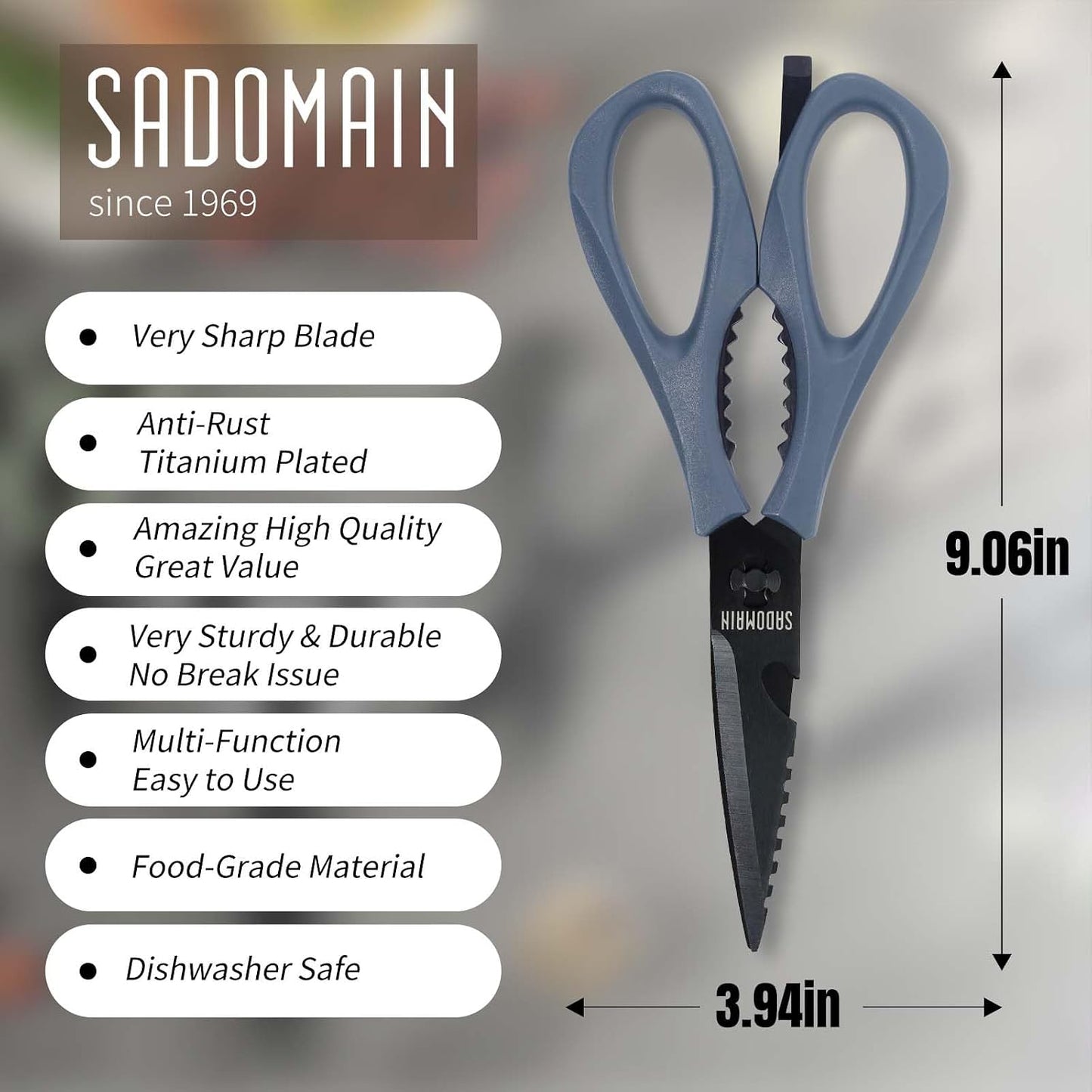 Kitchen Scissors All Purpose, Extra Sharp Kitchen Shears with Knife Sharpener & Sheath, Solid & Durable Stainless Steel Scissors with ANTI-RUST Black Titanium Plated, Dishwasher Safe - Black
