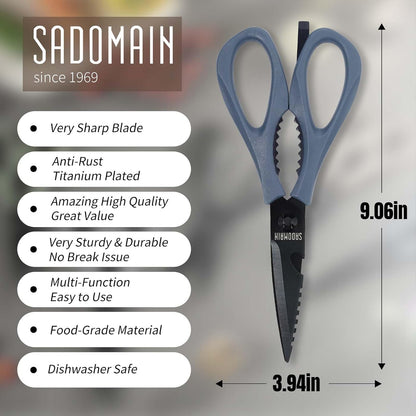 Kitchen Scissors All Purpose, Extra Sharp Kitchen Shears with Knife Sharpener & Sheath, Solid & Durable Stainless Steel Scissors with ANTI-RUST Black Titanium Plated, Dishwasher Safe - Black