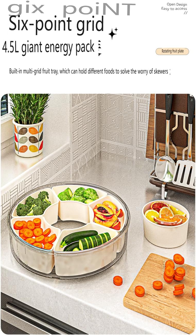 Rotating Fruit Storage Container with Lid, 6-Section Snack Organizer, Airtight Tray with Handle for Fruits, Nuts, Candy