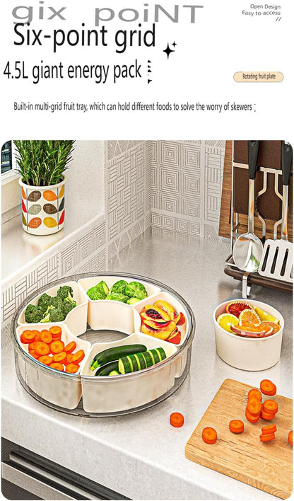Rotating Fruit Storage Container with Lid, 6-Section Snack Organizer, Airtight Tray with Handle for Fruits, Nuts, Candy
