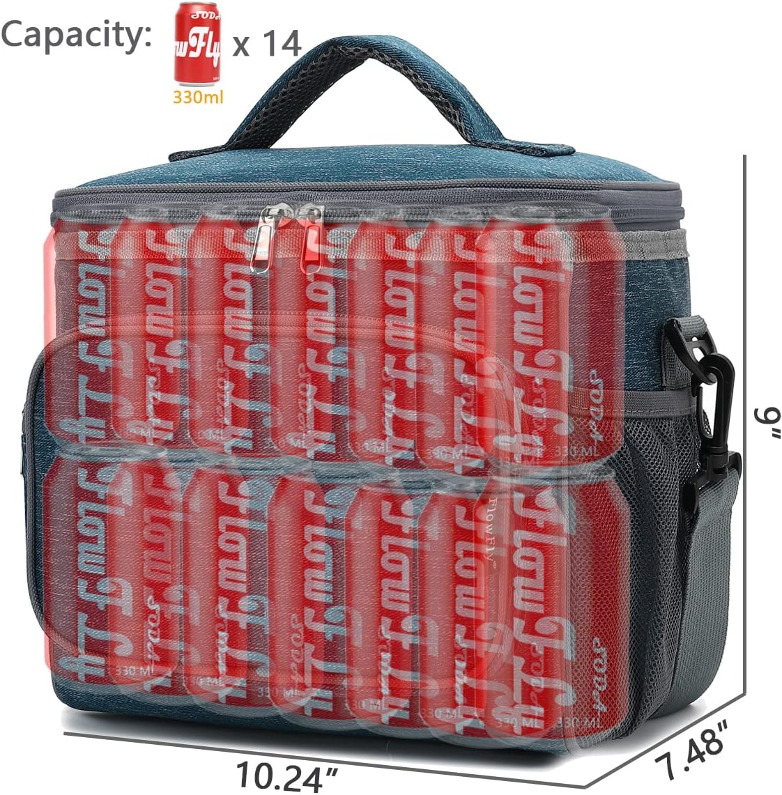 FlowFly Insulated Reusable Lunch Bag Adult Large Lunch Box for Women and Men with Adjustable Shoulder Strap,Front Zipper Pocket and Dual Large Mesh Side Pockets,Cherry - Colors A