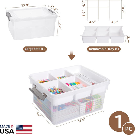 Citylife 17QT Clear Craft Organizers and Storage Box with Removable Tray | Stackable Art Supply Organizer Storage Bins with Lids for Beads, Markers, Sewing, Tools, Playdoh, Coloring Books, Made in USA