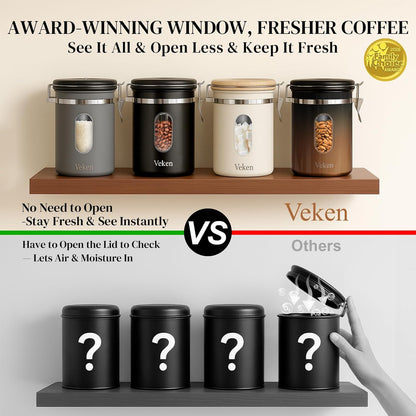 Veken Coffee Canister with Window, Family Choice Awards Winner, Airtight Stainless Steel Home Kitchen Food Storage Container with Lids for Grounds, Beans, Tea, Flour,Cereal,Sugar Jars,Scoop,16OZ,Black