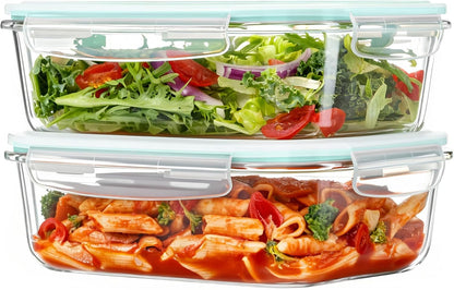 Vtopmart 2Pack 1860ml/63oz Large Glass Storage Containers with Lids, Meal Prep Food Container Set with Snap Airtight Lid for Baking, Microwave, Oven, Leak Proof, for Freezer, Dishwasher, Grey