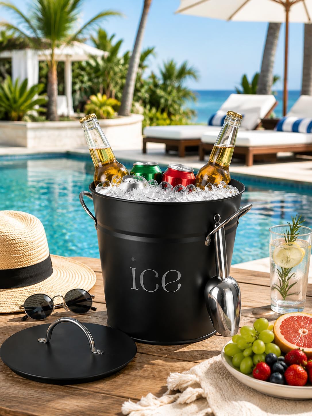 3Qt Black Galvanized Ice Bucket with Lid, Scoop & Handles - Ideal for Cocktails, Parties, BBQs, Wine & Champagne. Double-Layer Insulated Outer & Galvanized Inner Layer, Perfect for Home & Outdoor Use