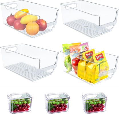 8Pcs Clear Plastic Storage Bins, Refrigerator Organizer Bins with Handles, Freezer Organizer Clear Organizing Bins, BPA-Free Fridge Storage Containers for Fridge, Freezer, Cabinet, Kitchen, Pantry