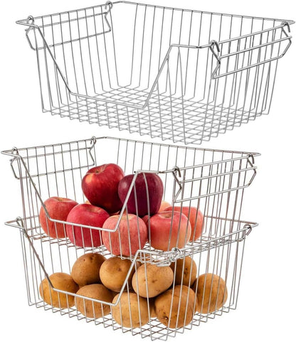 Stackable Wire Metal Baskets Sturdy Cabinet Organizer Wire Pantry Freezer Bin with Handle for Kitchen Fruit Vegetable Organization, Black, 3Packs
