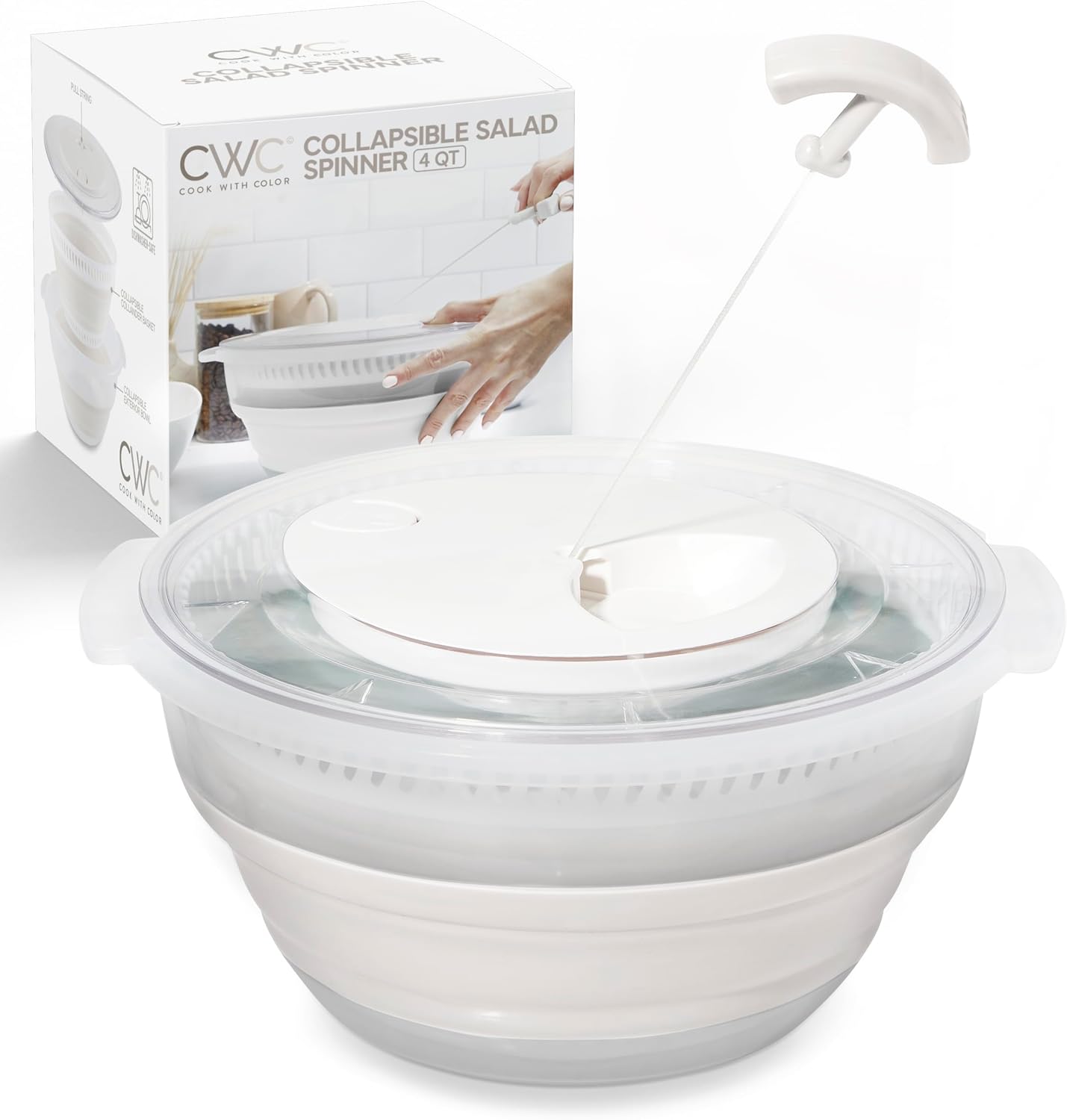 COOK WITH COLOR Collapsible Salad Spinner - 4 QT Space Saving Lettuce Dryer with Folding Collapsible Colander Great for Washing and Drying Fruit and Vegetables (Grey)