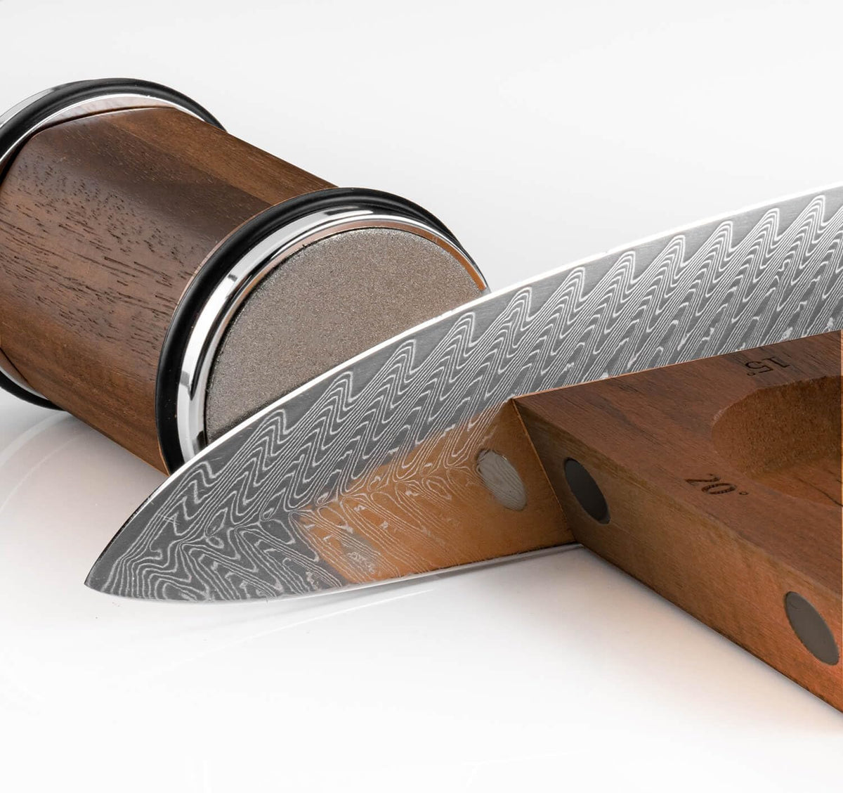 SENKEN Rolling Knife Sharpener with Solid Wood Magnetic Base - Sharpens at 4 Angles 15°, 18°, 20°, and 22° - Includes Diamond and Ceramic Discs