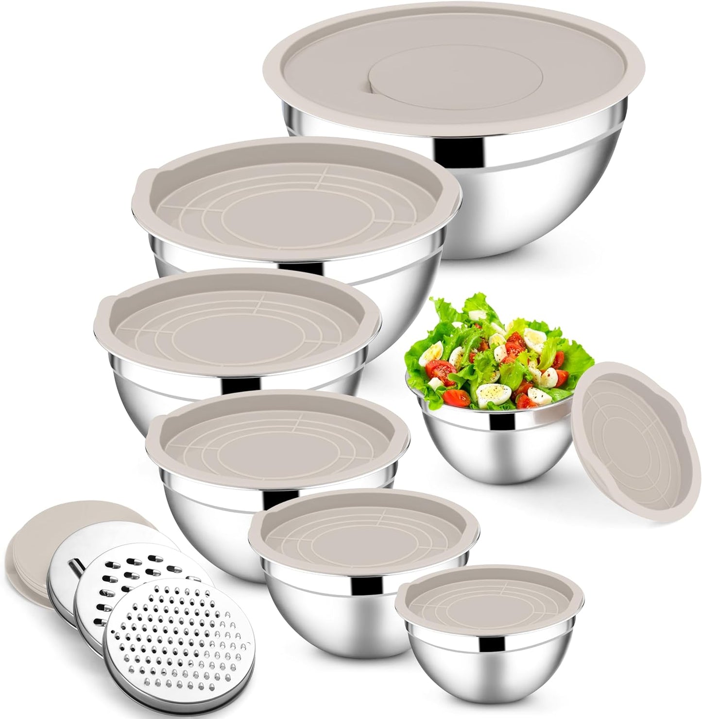 E-far Stainless Steel Mixing Bowls with Lids Set, 5-Piece Nesting Salad Bowls with 3 Grater Attachments and Non-Slip Bottoms, Size 4.6, 2.6, 2, 1.5, 1QT for Kitchen (Khaki)