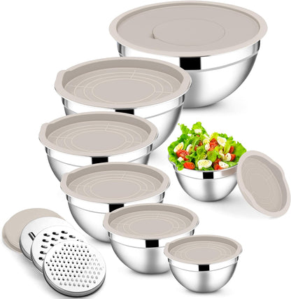 E-far Stainless Steel Mixing Bowls with Lids Set, 5-Piece Nesting Salad Bowls with 3 Grater Attachments and Non-Slip Bottoms, Size 4.6, 2.6, 2, 1.5, 1QT for Kitchen (Khaki)