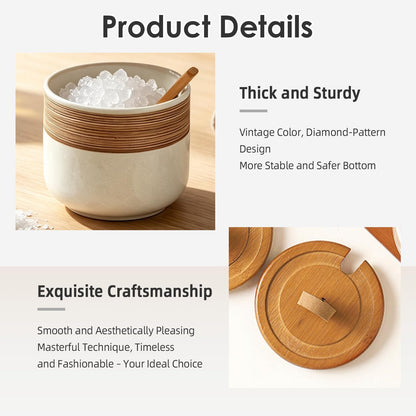 Ceramic Salt Cellar Bamboo Lid Spoon 3.5" Wide 12oz