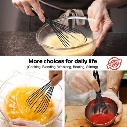 Walfos Silicone Whisk,Stainless Steel Wire Whisk -Heat Resistant 480°F Kitchen Whisks for Non-stick Cookware,Balloon Egg Beater Perfect for Blending,Whisking,Beating,Frothing & Stirring,Black