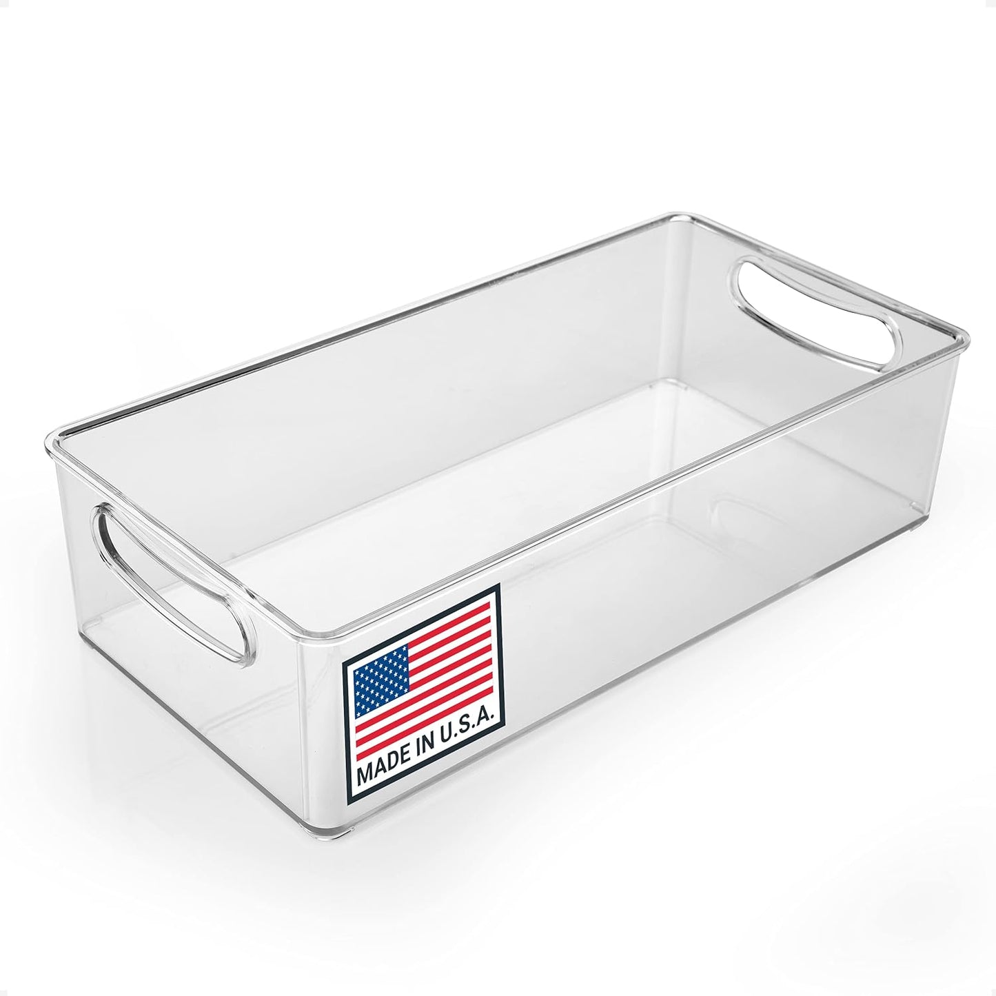 Pikanty Clear Refrigerator Organizer Bin with Handles — 15 Inch Stackable Fridge and Pantry Storage Container for Snacks, Produce, Cans, Yogurt, Condiments, Dishwasher and Freezer Safe, Made in USA