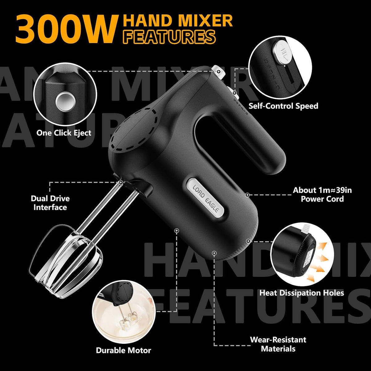 5-Speed Small Hand Mixer Electric, 300W Compact Portable, Black