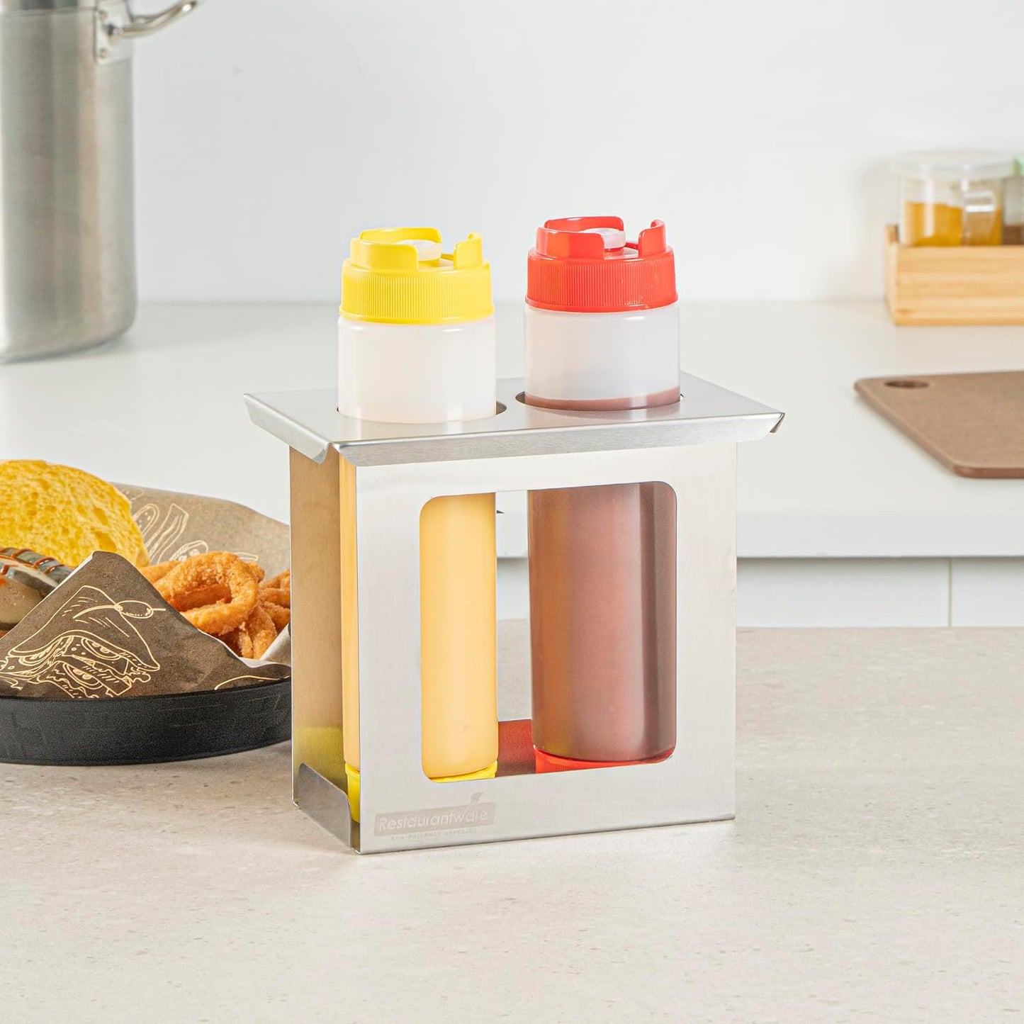 Restaurantware Stainless Steel Bottle Organizer - 1 Count - 6.299 x 7.087 x 0.394 Inches - Dishwasher-Friendly Condiment Holder - Kitchen Bottle Rack - Space-Saving Design - Silver