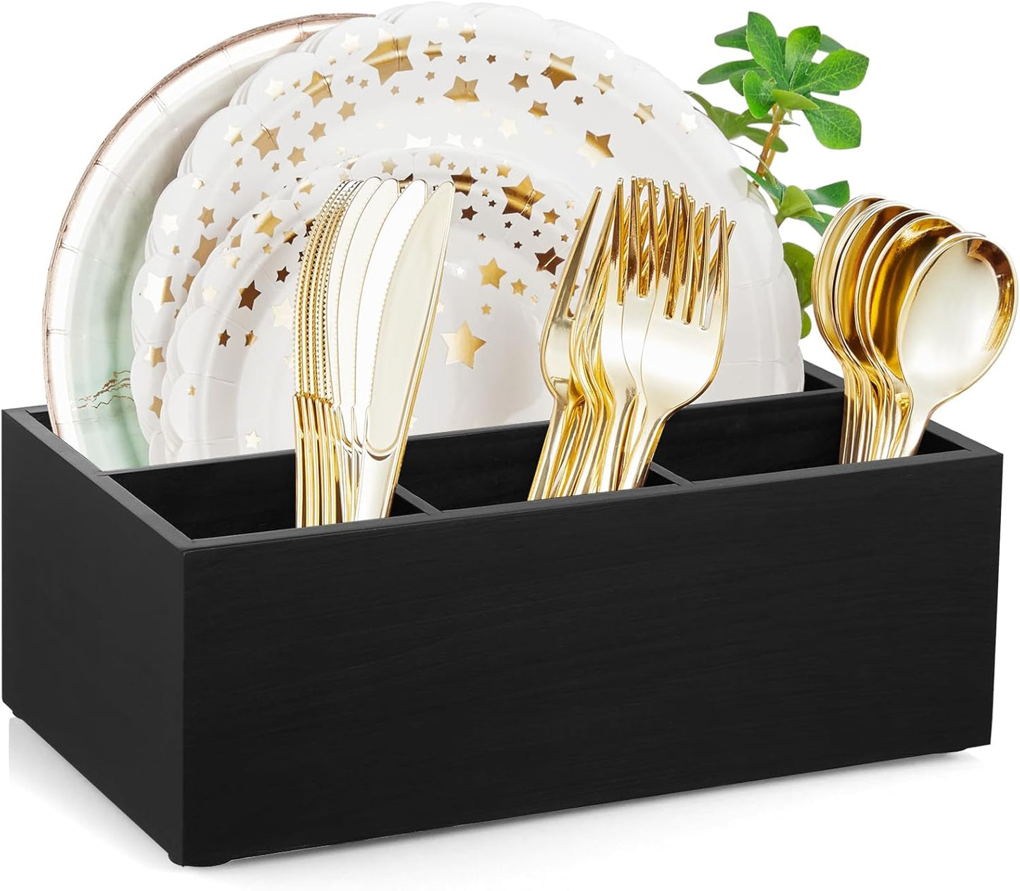 DRASTAR Paper Plate Dispenser, Acacia Utensil Caddy Organizer, Large Silverware Holder for Party, Paper Plate Organizer, Kitchen Utensil Caddy for Party Picnic Camping