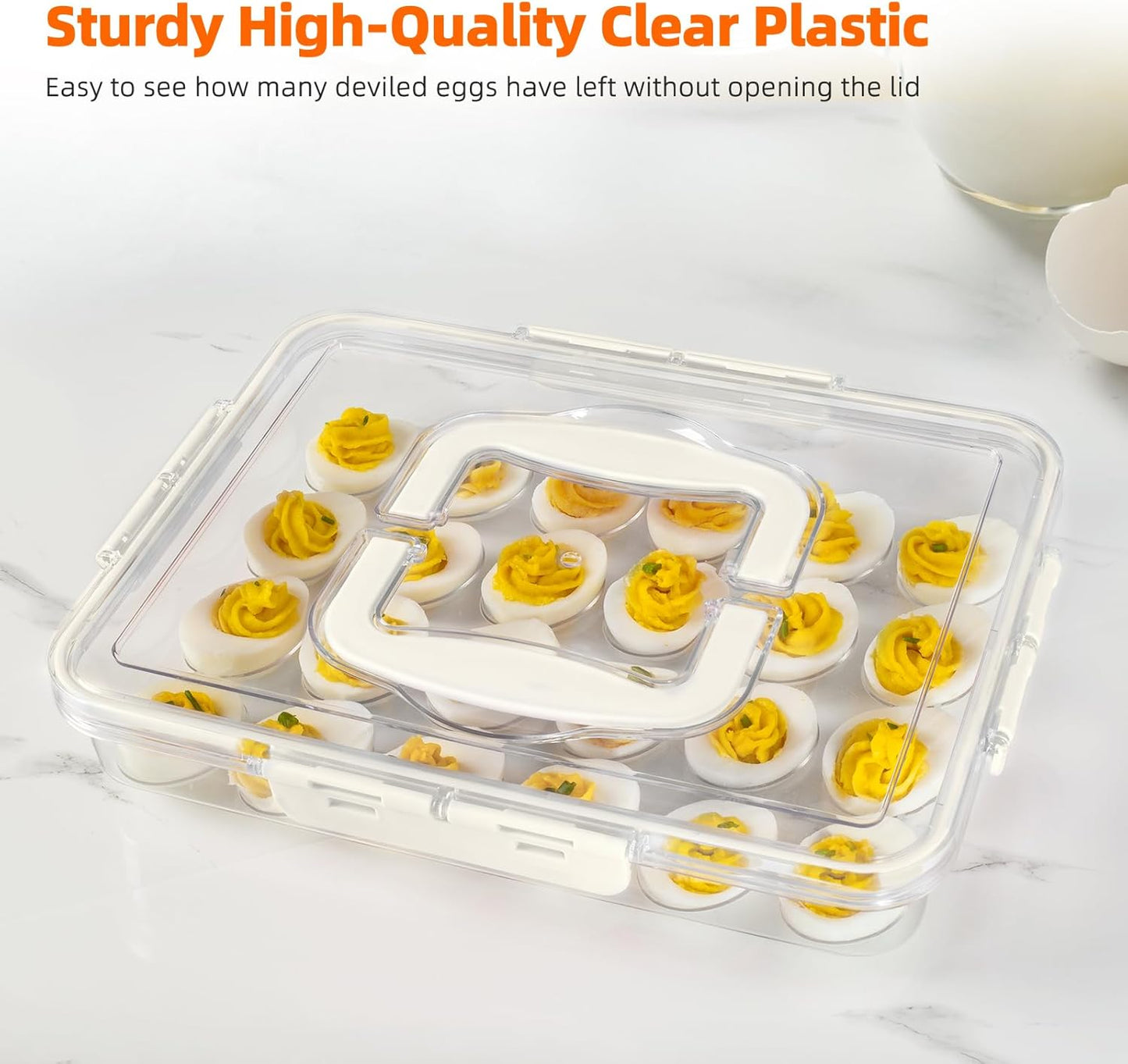 MesRosa 2 Pack Deviled Egg Containers with Lid and Handle, Durable Clear Plastic Deviled Egg Carrier Storage 48 Eggs, Stackable Egg Holder for Fridge, Portable Tray Platter for Party & Picnics-White