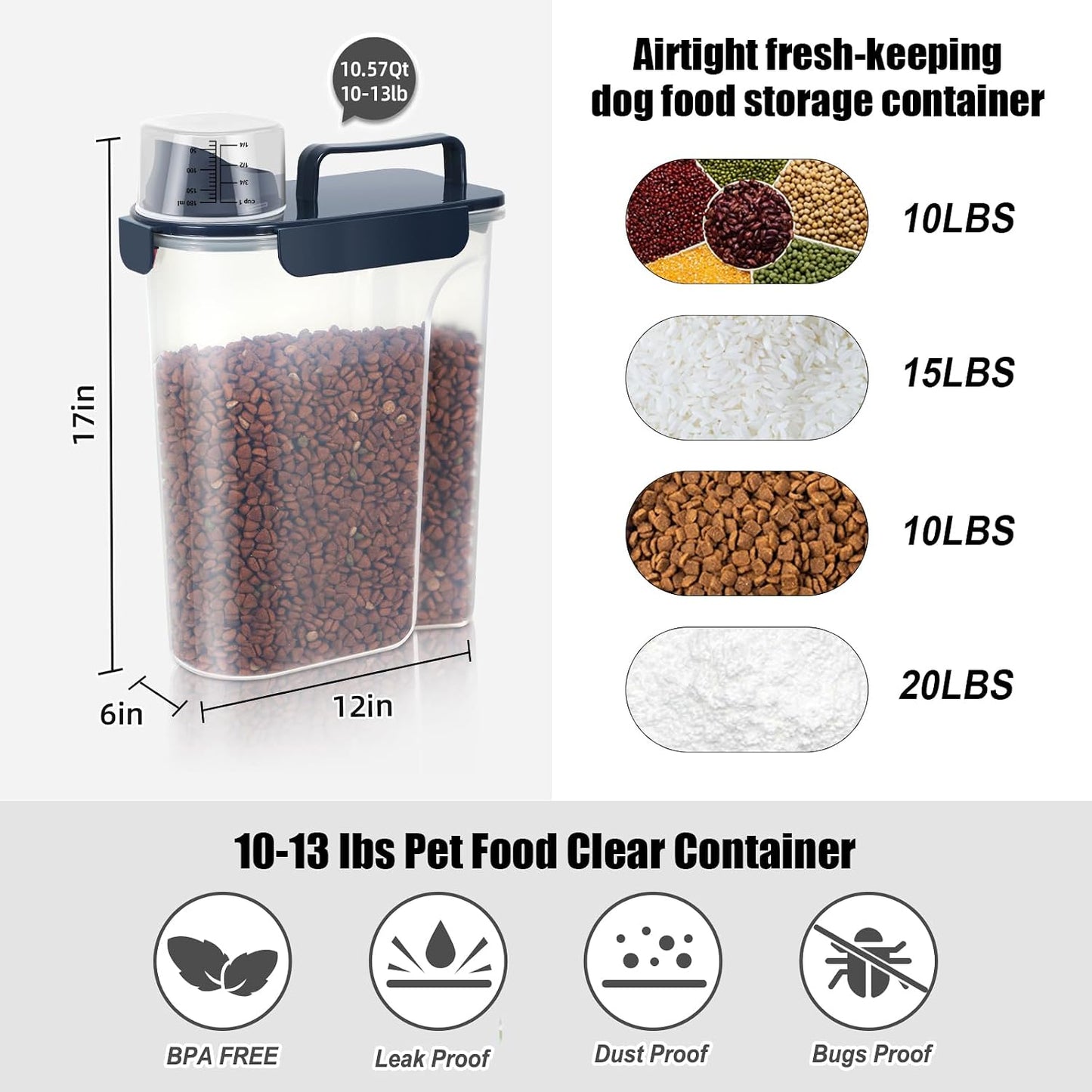 LEAWALK 5Lbs Airtight Cat Dog Food Storage Container with Upgraded Large Nozzle BPA-Free, Pet Food Storage Containers for Rice, Grain, Pet Food, Flour, Dog Treat Storage (Dark Gray, 5L-1pack)