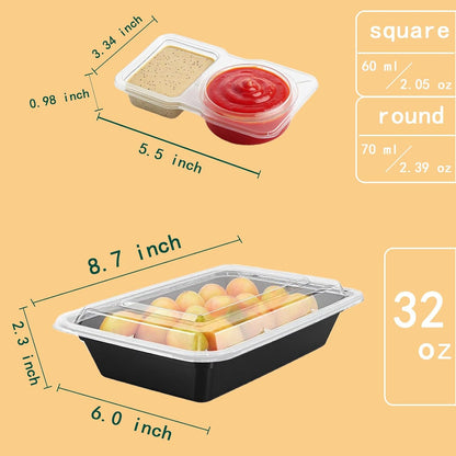 50 Pack 32oz leakproof Meal Prep Containers & Compartment Condiment Containers (Snack Containers) Set, Sturdy Leakproof Food Safe, Reusable Microwave/Freezer/Dishwasher Safe Set For Travel, Takeaway